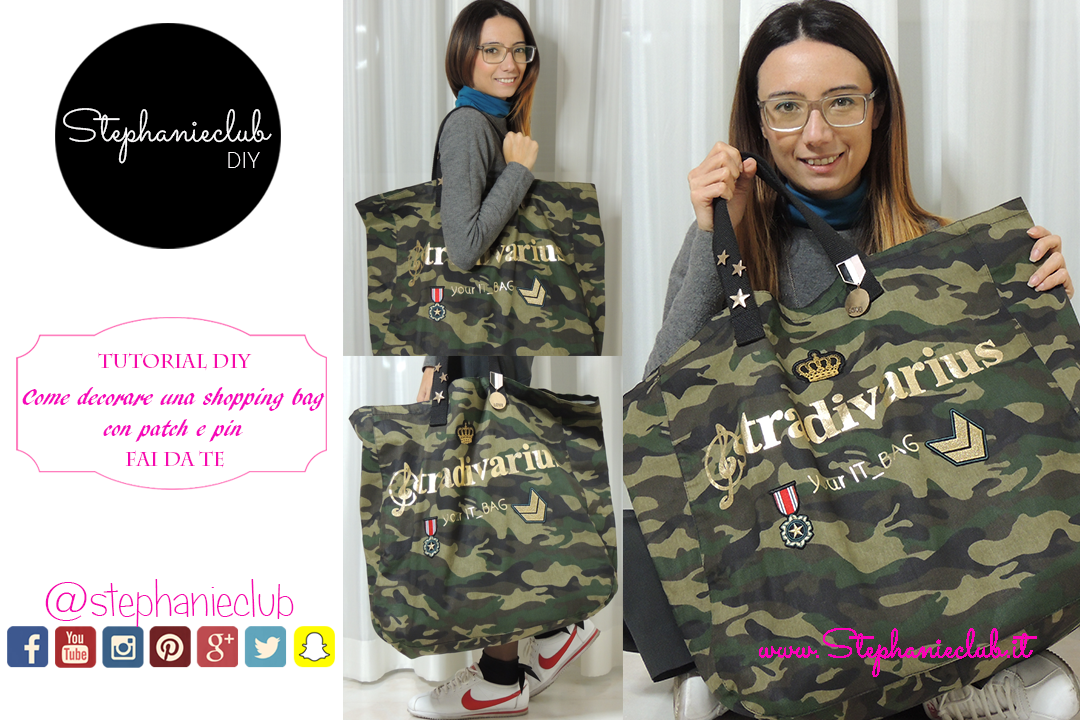 Come decorare una shopping bag con patch Stradivarius e pin Bershka